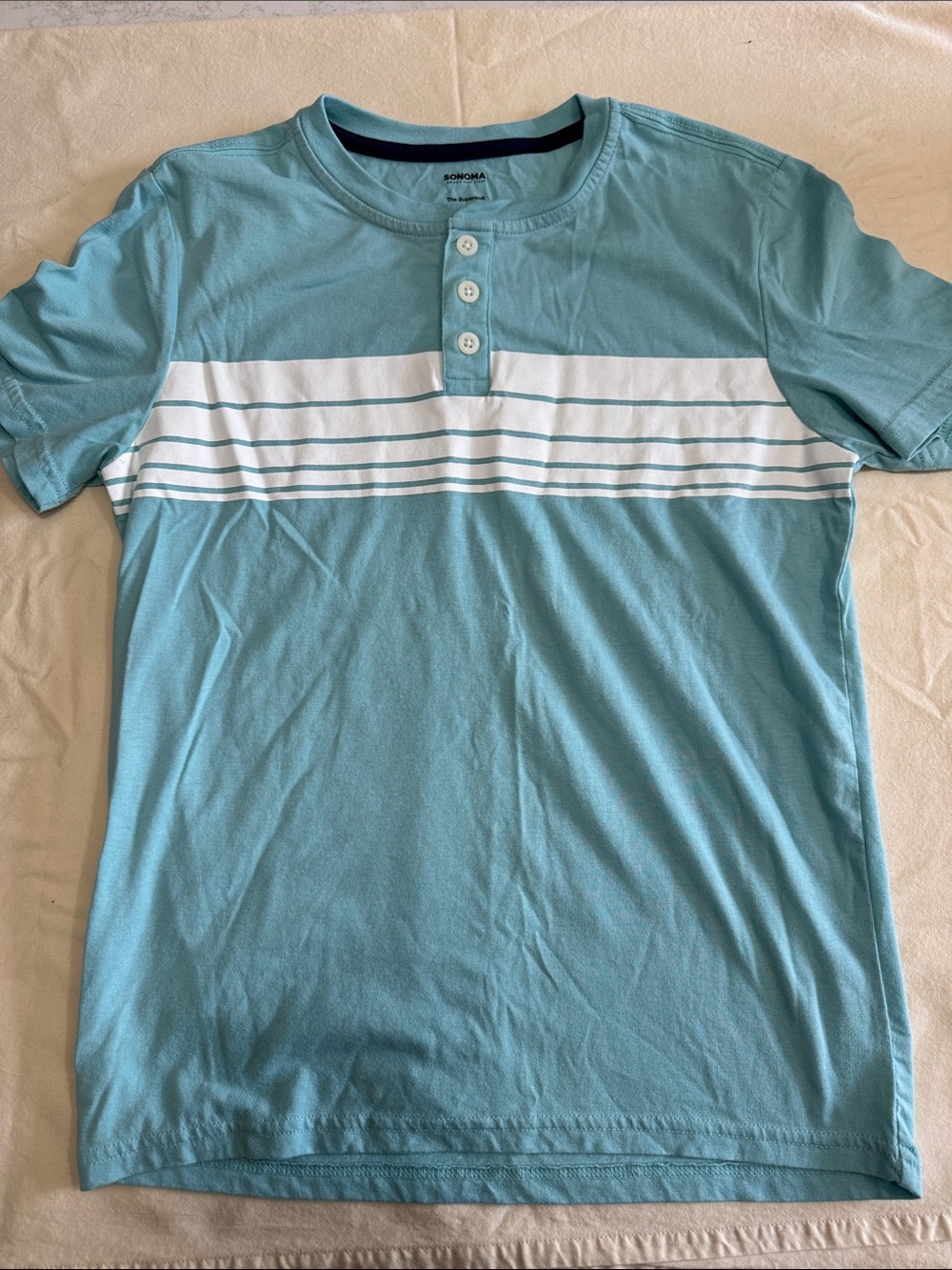 Boys Youth L Sonoma Teal Short-Sleeve Henley with White Striped Chest